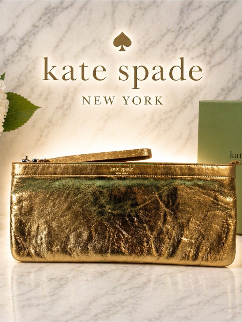 Kate Spade gold crinkled leather clutch/wristlet